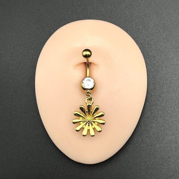 316L Stainless Steel with White Diamond Cubic Zirconia Daisy Flower Belly Ring - Picture 6 of 7